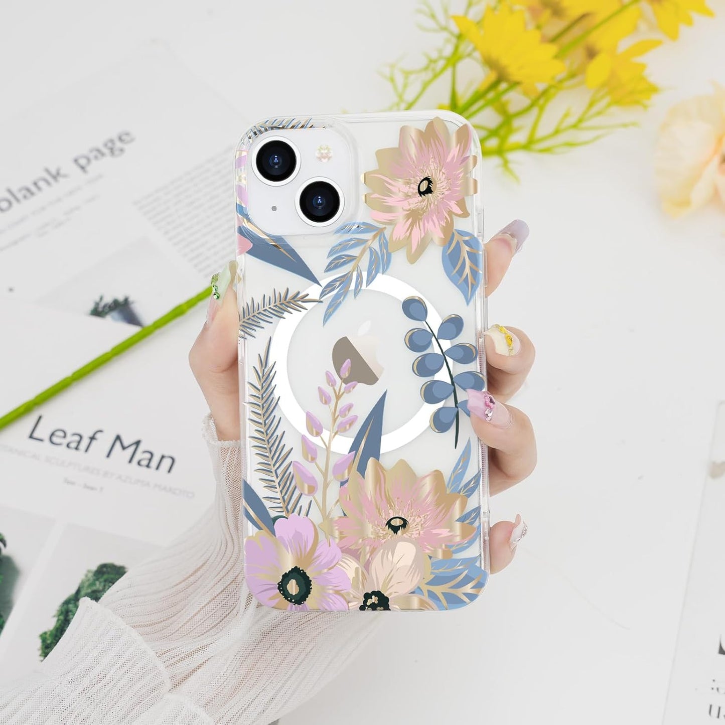 Magnetic Iphone 13/14 Case Floral, Cute Clear Flower Cover for Women Girls Luxury Elegant Soft Plating Shockproof Protective Cover Phone Case, Blossom