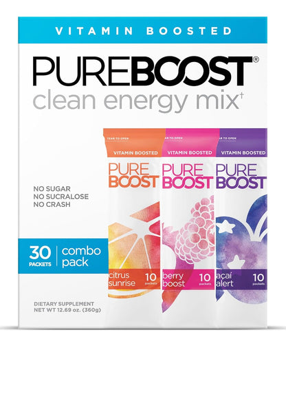 Clean Energy Booster, Refreshing Energy Drink Mix with B12 Vitamins, Electrolytes, Antioxidants, Sugar-Free with No Sucralose (Combo Pack, 30 Count)