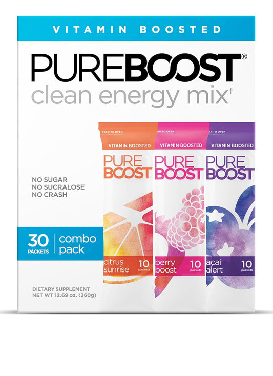 Clean Energy Booster, Refreshing Energy Drink Mix with B12 Vitamins, Electrolytes, Antioxidants, Sugar-Free with No Sucralose (Combo Pack, 30 Count)