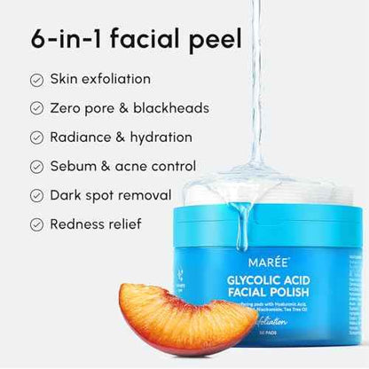 MAREE Glycolic Acid Pads - Toner Pads for Face Cleansing - Exfoliating Pad with Tea Tree Oil, Salicylic Acid & Vitamins E, B3, B5 - Acne Clearing, Skin Pore Resurfacing & Radiance Device - 50 Count