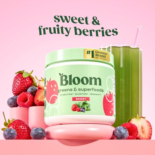Bloom Nutrition Superfood Greens Powder, Digestive Enzymes with Probiotics and Prebiotics, Gut Health, Bloating Relief for Women, Chlorella, Green Juice Mix with Beet Root Powder, 30 SVG, Berry