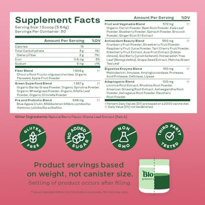 Bloom Nutrition Superfood Greens Powder, Digestive Enzymes with Probiotics and Prebiotics, Gut Health, Bloating Relief for Women, Chlorella, Green Juice Mix with Beet Root Powder, 30 SVG, Berry