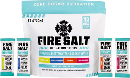 Fire Science Fire Salt Hydration Sticks, Electrolytes & Coconut Water, Hydration Drink Mix with Magnesium, Potassium & Sodium, Zero Sugar, Single Serve on the Go Packs, Variety Pack Flavors, 32 Count