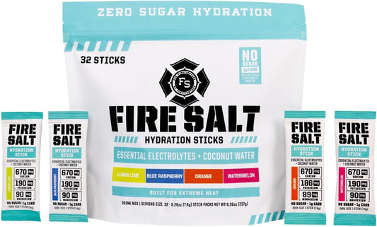 Fire Science Fire Salt Hydration Sticks, Electrolytes & Coconut Water, Hydration Drink Mix with Magnesium, Potassium & Sodium, Zero Sugar, Single Serve on the Go Packs, Variety Pack Flavors, 32 Count
