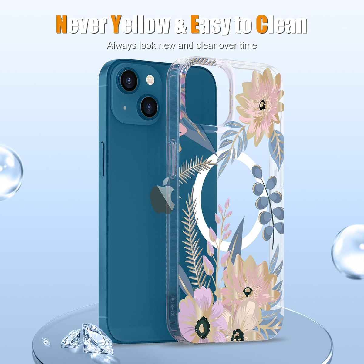 Magnetic Iphone 13/14 Case Floral, Cute Clear Flower Cover for Women Girls Luxury Elegant Soft Plating Shockproof Protective Cover Phone Case, Blossom