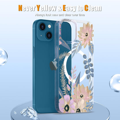 Magnetic Iphone 13/14 Case Floral, Cute Clear Flower Cover for Women Girls Luxury Elegant Soft Plating Shockproof Protective Cover Phone Case, Blossom