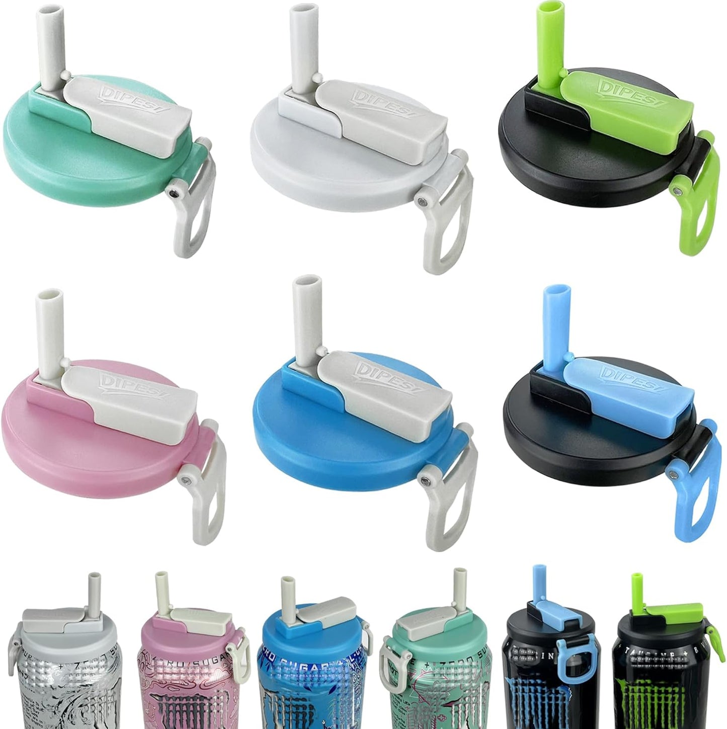 6 Pack Soda Can Lids with Straws,Inspired by Energy Drink Can Colors, Reusable BPA-Free Can Tops for Energy Drink, Soda, Juice, Beer – Fits Standard.