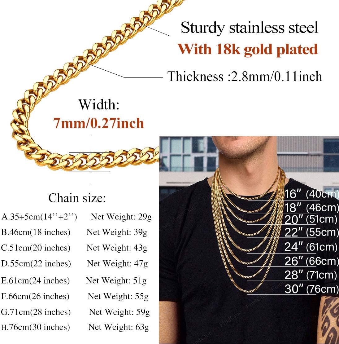 Men Curb Chain Necklace 18K Gold Plated/Stainless Steel/Black Chunky Double Tight Cuban Link Hip Hop Neck Chains for Men Boys 3.5MM/5MM/6MM/7MM/9MM/12MM 14''-30'' 8 Length Options (Send Gift Box)