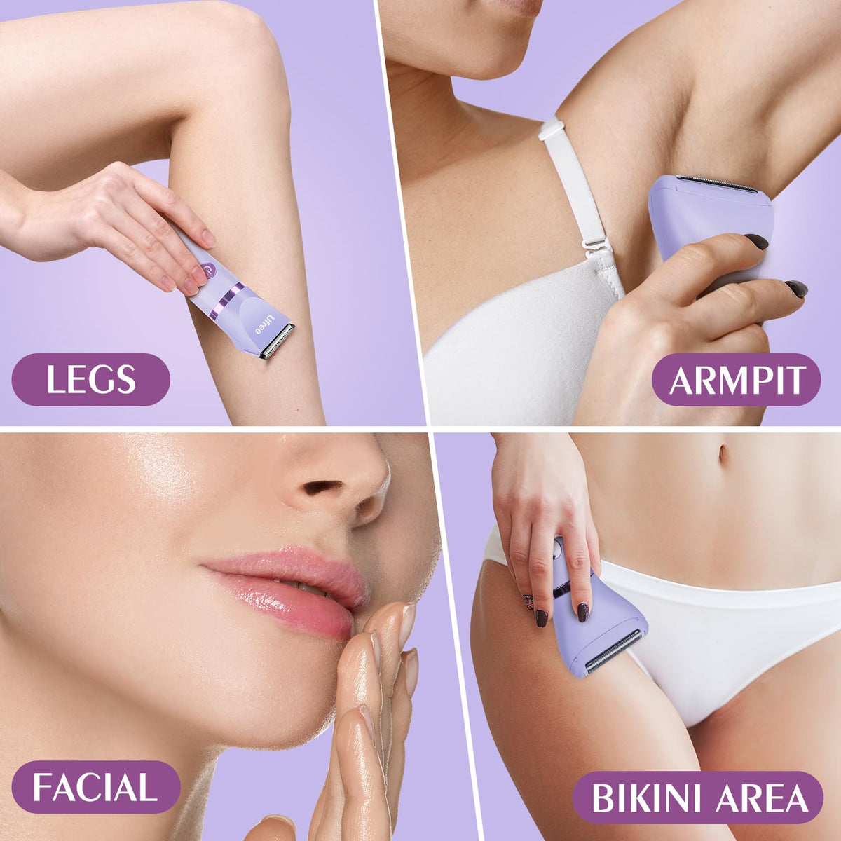Ufree Bikini Trimmer Electric Razors for Women, Rechargeable Pubic Body Hair Trimmer Electric Shaver for Legs Body Hair, Bikini Shaver IPX7 Waterproof, Gifts for Women, Purple