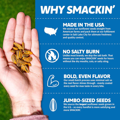 SMACKIN' - Jumbo Roasted Sunflower Seeds, No Salty Burn, American Made, Easy Pour & Seal - Variety Pack, 4Oz Bag (12 Bags)