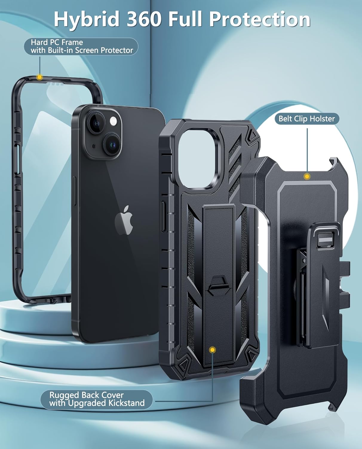 for Iphone 15 Phone Case: for Iphone 14 & 13 & 16E Case Military Shockproof Protective Rugged Cell Phone Cover with Kickstand & Belt-Clip Holster, Heavy Duty Hard Cases 5G - 6.1 Inch Black