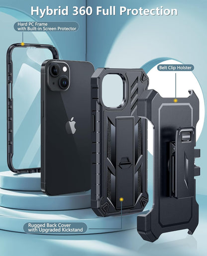 for Iphone 15 Phone Case: for Iphone 14 & 13 & 16E Case Military Shockproof Protective Rugged Cell Phone Cover with Kickstand & Belt-Clip Holster, Heavy Duty Hard Cases 5G - 6.1 Inch Black