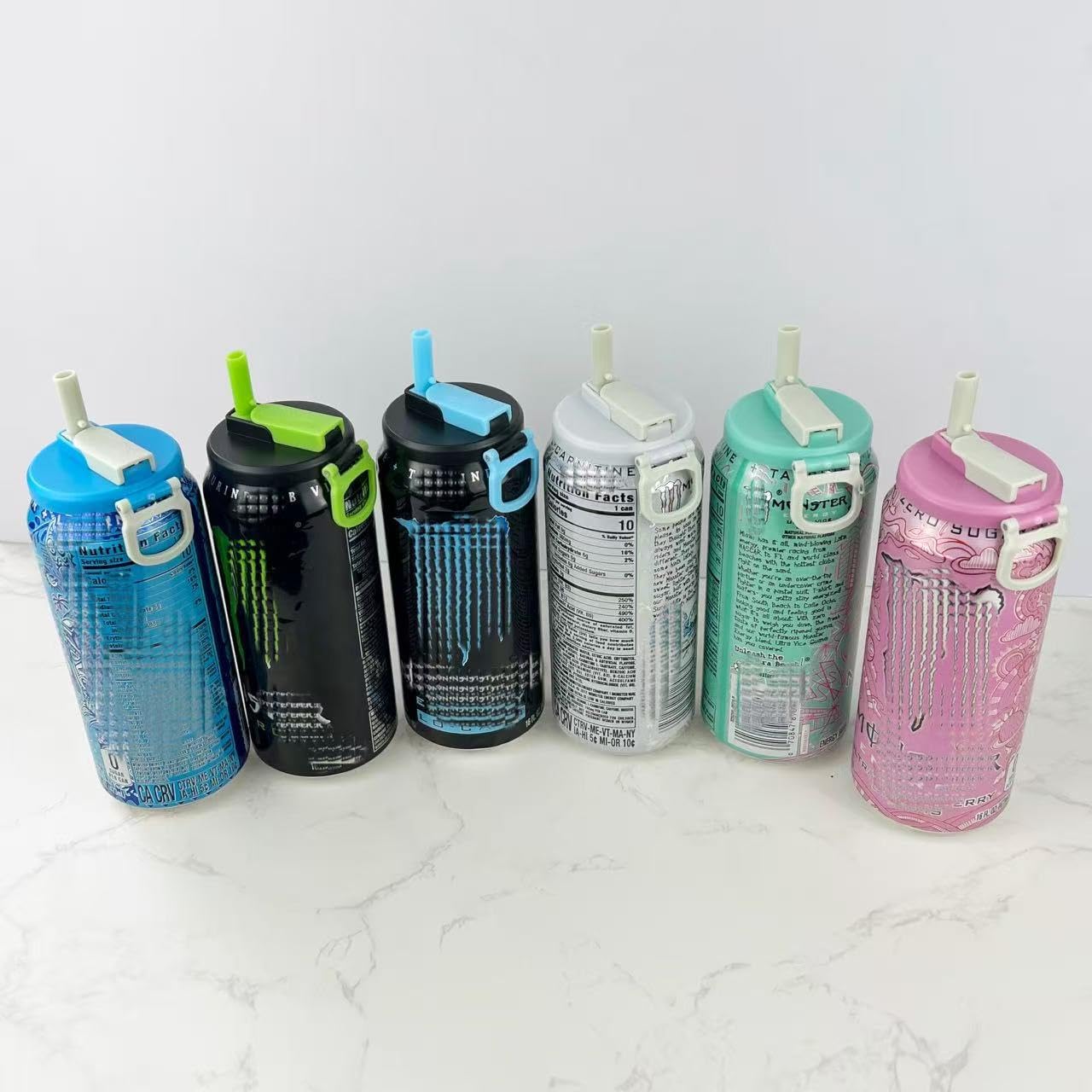 6 Pack Soda Can Lids with Straws,Inspired by Energy Drink Can Colors, Reusable BPA-Free Can Tops for Energy Drink, Soda, Juice, Beer – Fits Standard.