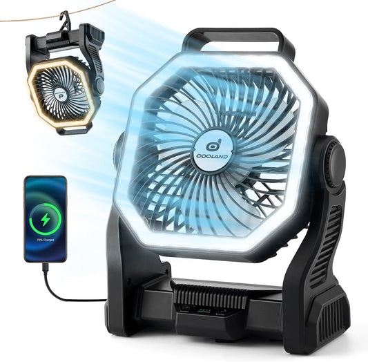 Camping Fan with LED Lantern, 20000Mah Rechargeable Battery Operated Fan, Portable Outdoor Light with Rotation Hook for Picnic Power Outage Hurricane Emergency Home Patio, Black