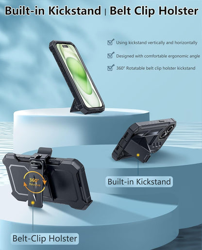 for Iphone 15 Phone Case: for Iphone 14 & 13 & 16E Case Military Shockproof Protective Rugged Cell Phone Cover with Kickstand & Belt-Clip Holster, Heavy Duty Hard Cases 5G - 6.1 Inch Black