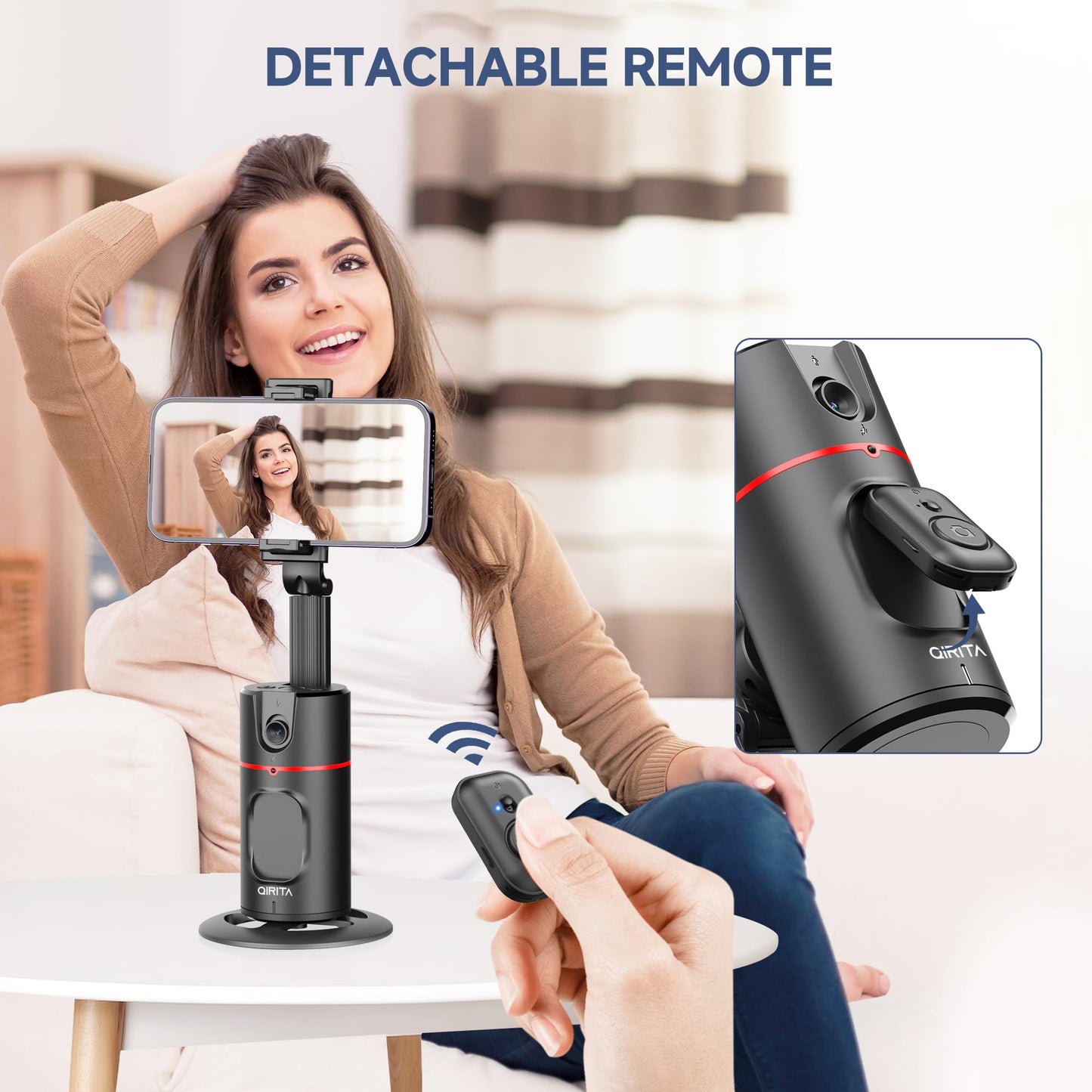 Qirita Auto Face Tracking Tripod, No App, Smart Shooting Phone Holder With Remote, 360° Rotation Body Phone Camera Mount Extendable Body Smart Tracking Tripod For Vlog/Tik Tok, Rechargeable Battery (Black)