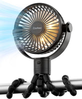 Stroller Fan Rechargeable Battery Powered Portable Fans, Head Detachable 360° Rotatable Clip on Fan, 3 Speed Quiet Small Mini Fans with Light Night for Carseat, Bed, Crib, Bike, Travel, Black
