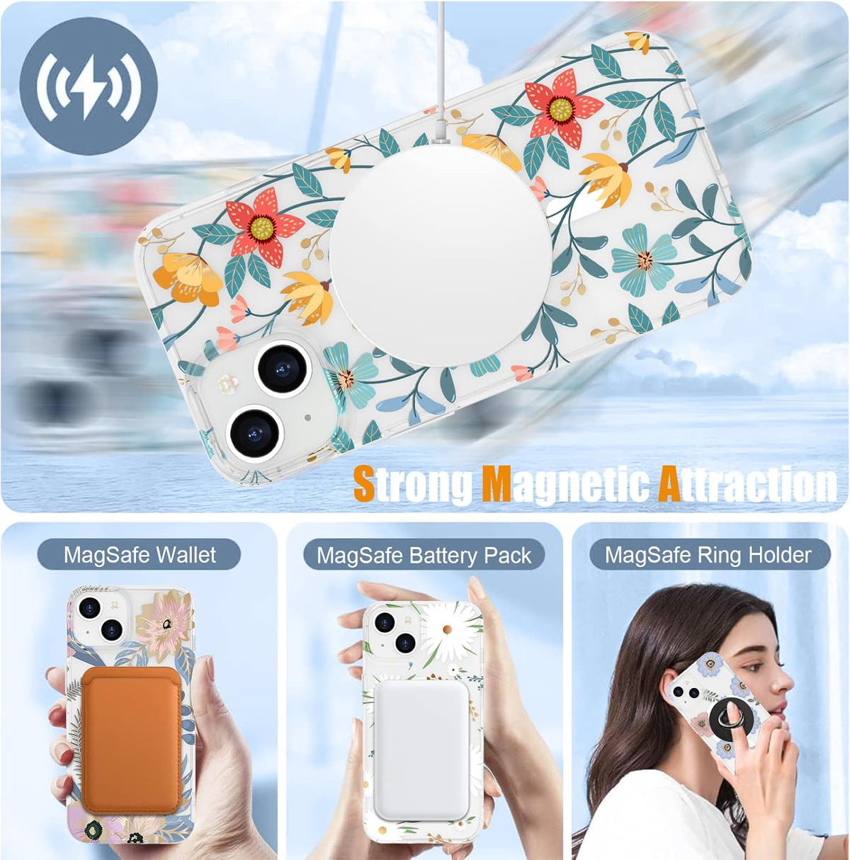 Magnetic Iphone 13/14 Case Floral, Cute Clear Flower Cover for Women Girls Luxury Elegant Soft Plating Shockproof Protective Cover Phone Case, Blossom