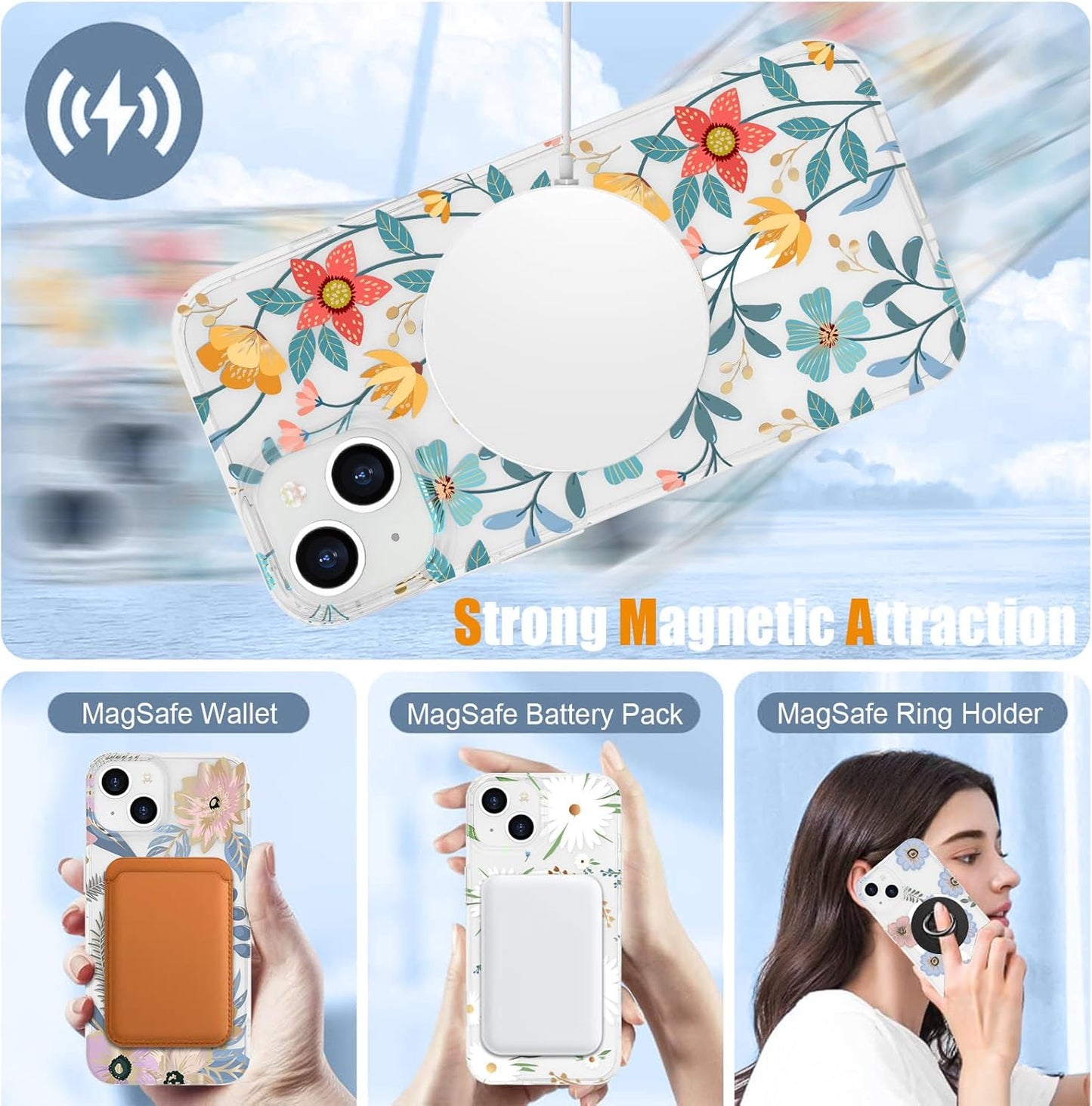 Magnetic Iphone 13/14 Case Floral, Cute Clear Flower Cover for Women Girls Luxury Elegant Soft Plating Shockproof Protective Cover Phone Case, Blossom