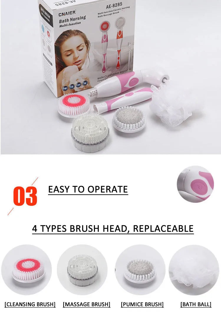 NEW 4-In-1 Electric Bath Brush Long Handle Waterproof Body Cleansing Brush Massage Home Shower Clean Spa System Health Care