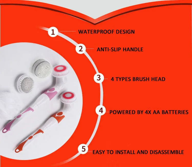 NEW 4-In-1 Electric Bath Brush Long Handle Waterproof Body Cleansing Brush Massage Home Shower Clean Spa System Health Care
