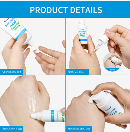 5-piece Set Hyaluronic Acid Skincare Set Essence Cleanser Eye Cream Face Cream Hydrating Moisturizing Repair Skin Care Product