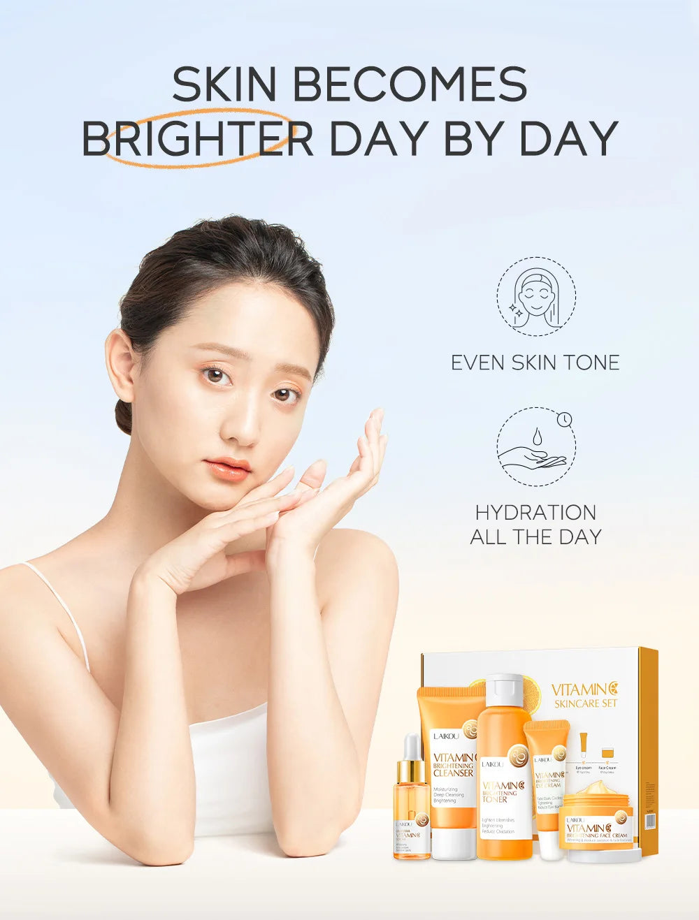 5 Pieces Vitamin C Skincare Set  Moisturizing Face Serum Brighten Cream Antiage Eye Cream Toner Facial Care Set for Dropshipping