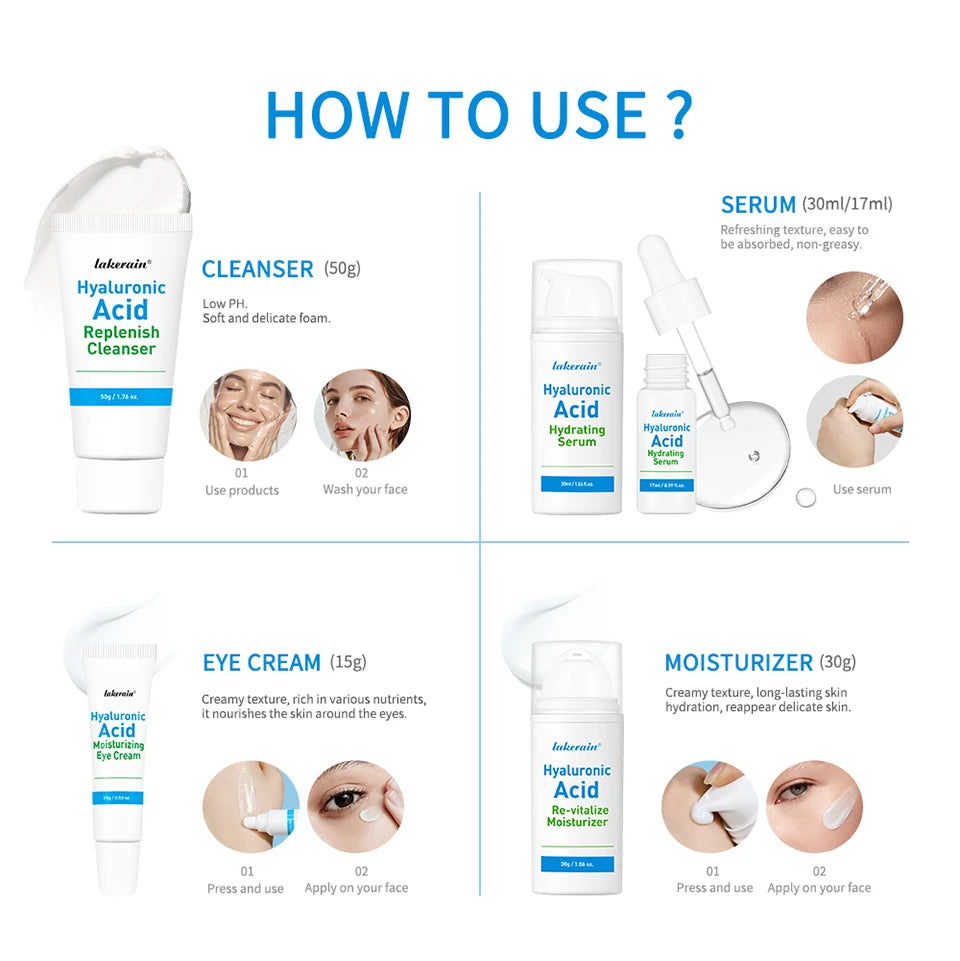 5-piece Set Hyaluronic Acid Skincare Set Essence Cleanser Eye Cream Face Cream Hydrating Moisturizing Repair Skin Care Product
