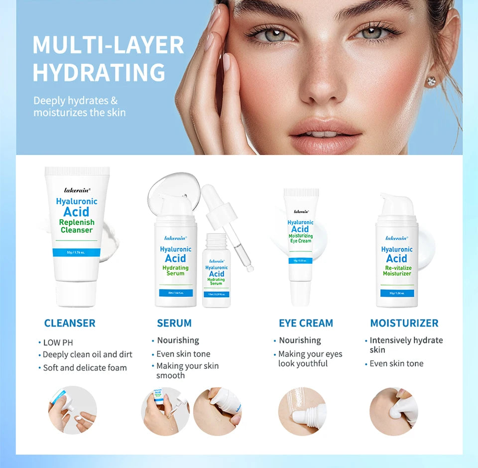 5-piece Set Hyaluronic Acid Skincare Set Essence Cleanser Eye Cream Face Cream Hydrating Moisturizing Repair Skin Care Product