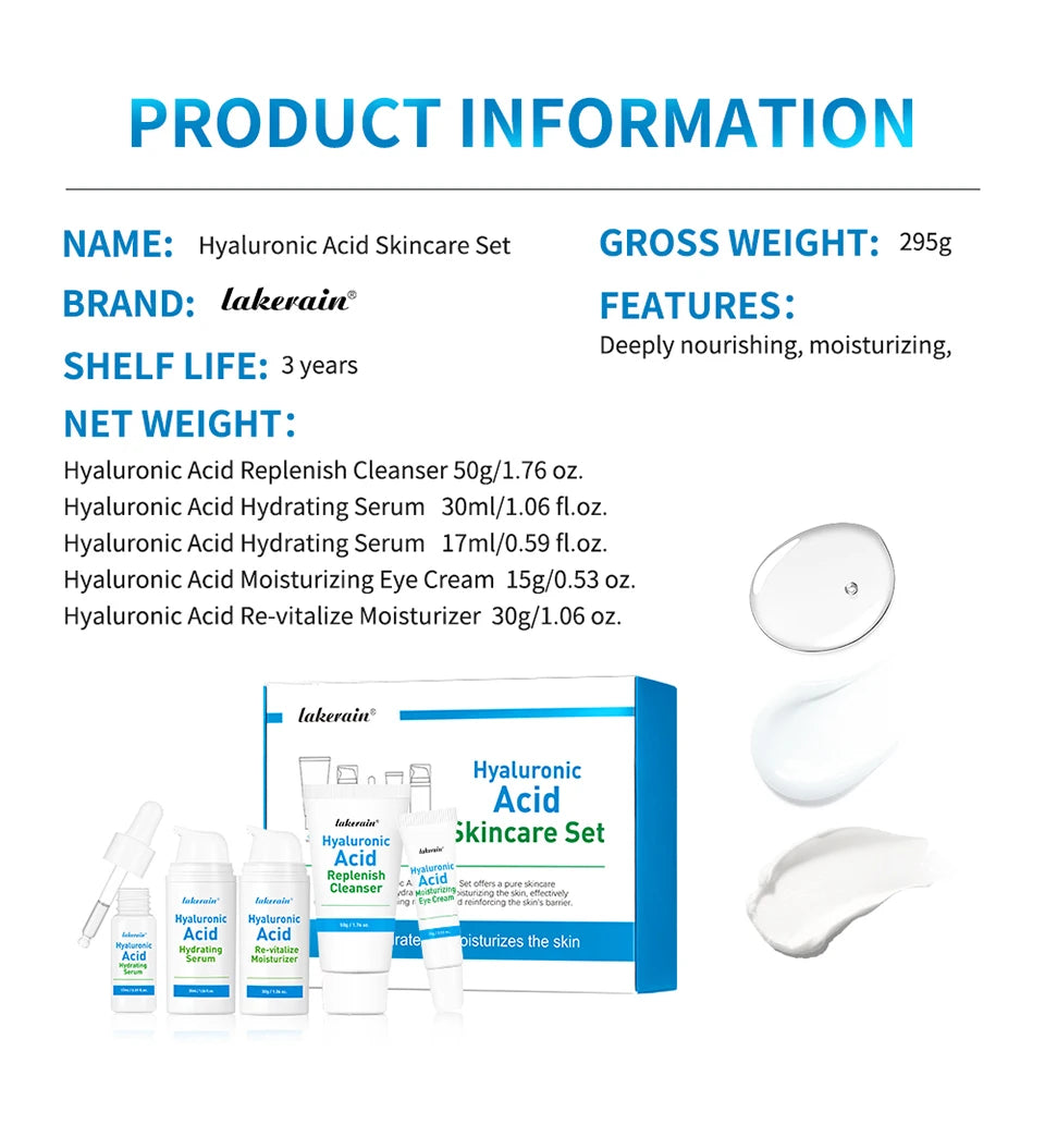 5-piece Set Hyaluronic Acid Skincare Set Essence Cleanser Eye Cream Face Cream Hydrating Moisturizing Repair Skin Care Product