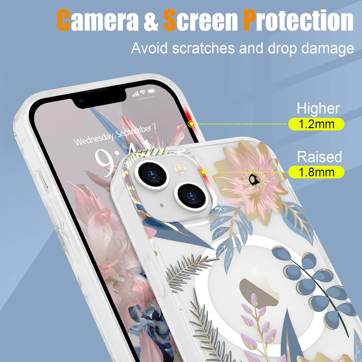 Magnetic Iphone 13/14 Case Floral, Cute Clear Flower Cover for Women Girls Luxury Elegant Soft Plating Shockproof Protective Cover Phone Case, Blossom