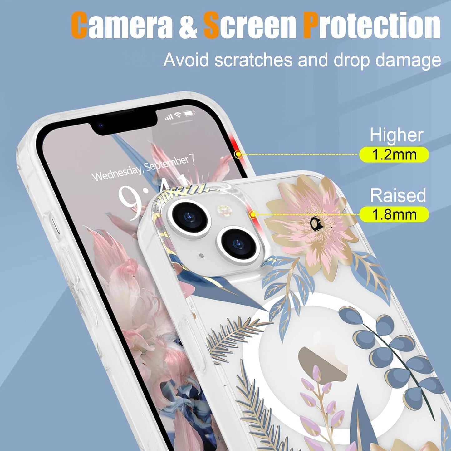 Magnetic Iphone 13/14 Case Floral, Cute Clear Flower Cover for Women Girls Luxury Elegant Soft Plating Shockproof Protective Cover Phone Case, Blossom