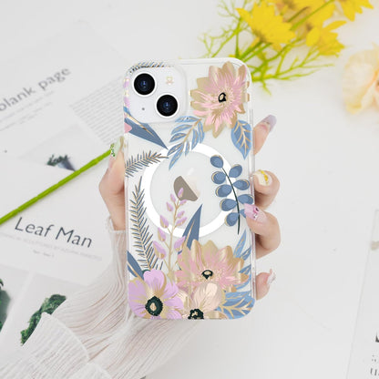 Magnetic Iphone 13/14 Case Floral, Cute Clear Flower Cover for Women Girls Luxury Elegant Soft Plating Shockproof Protective Cover Phone Case, Blossom