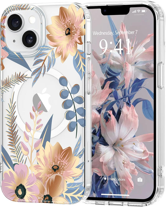 Magnetic Iphone 13/14 Case Floral, Cute Clear Flower Cover for Women Girls Luxury Elegant Soft Plating Shockproof Protective Cover Phone Case, Blossom