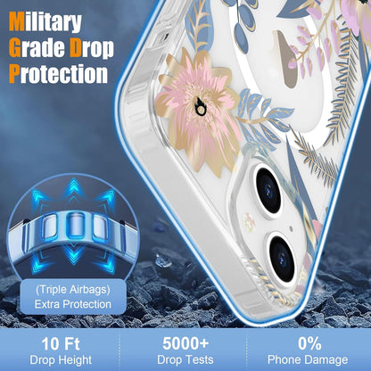 Magnetic Iphone 13/14 Case Floral, Cute Clear Flower Cover for Women Girls Luxury Elegant Soft Plating Shockproof Protective Cover Phone Case, Blossom